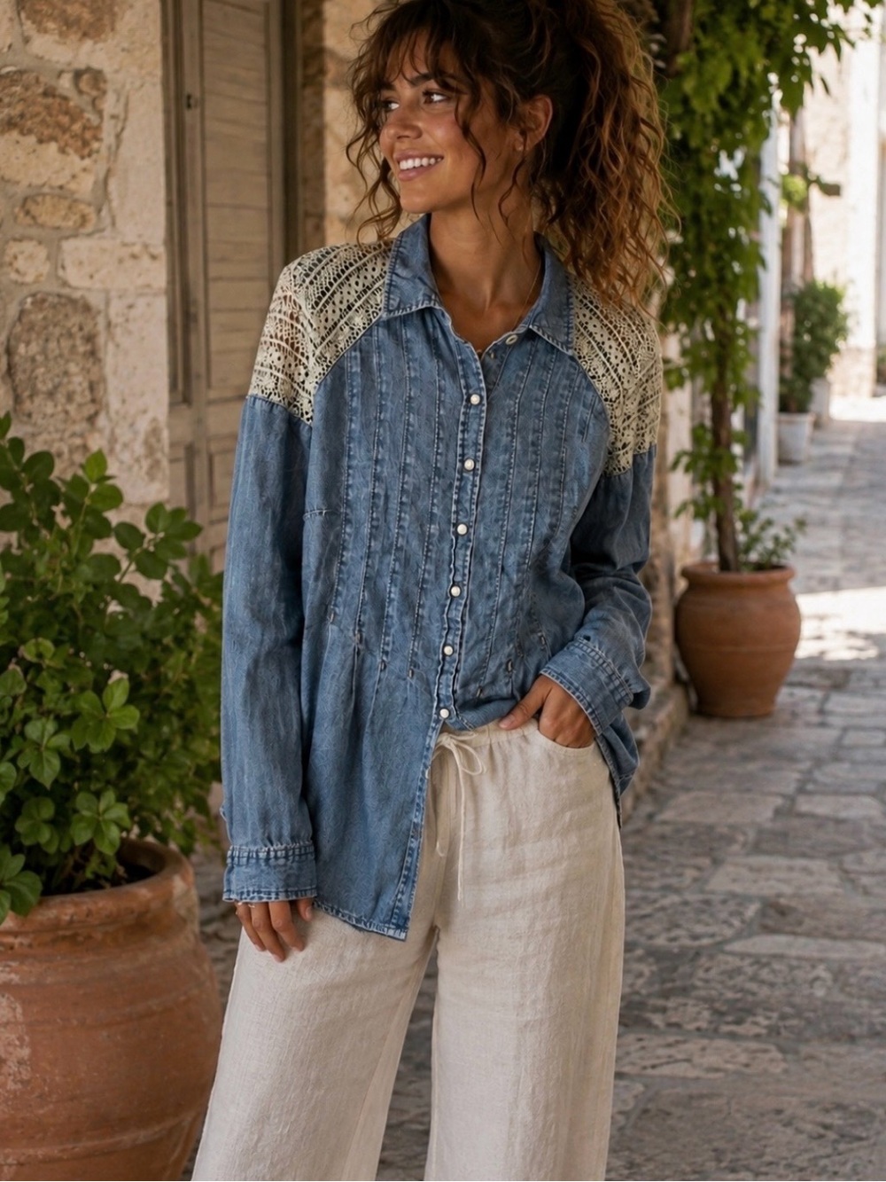 Free People Vintage Linen Blend Chambray Button Down Shirt